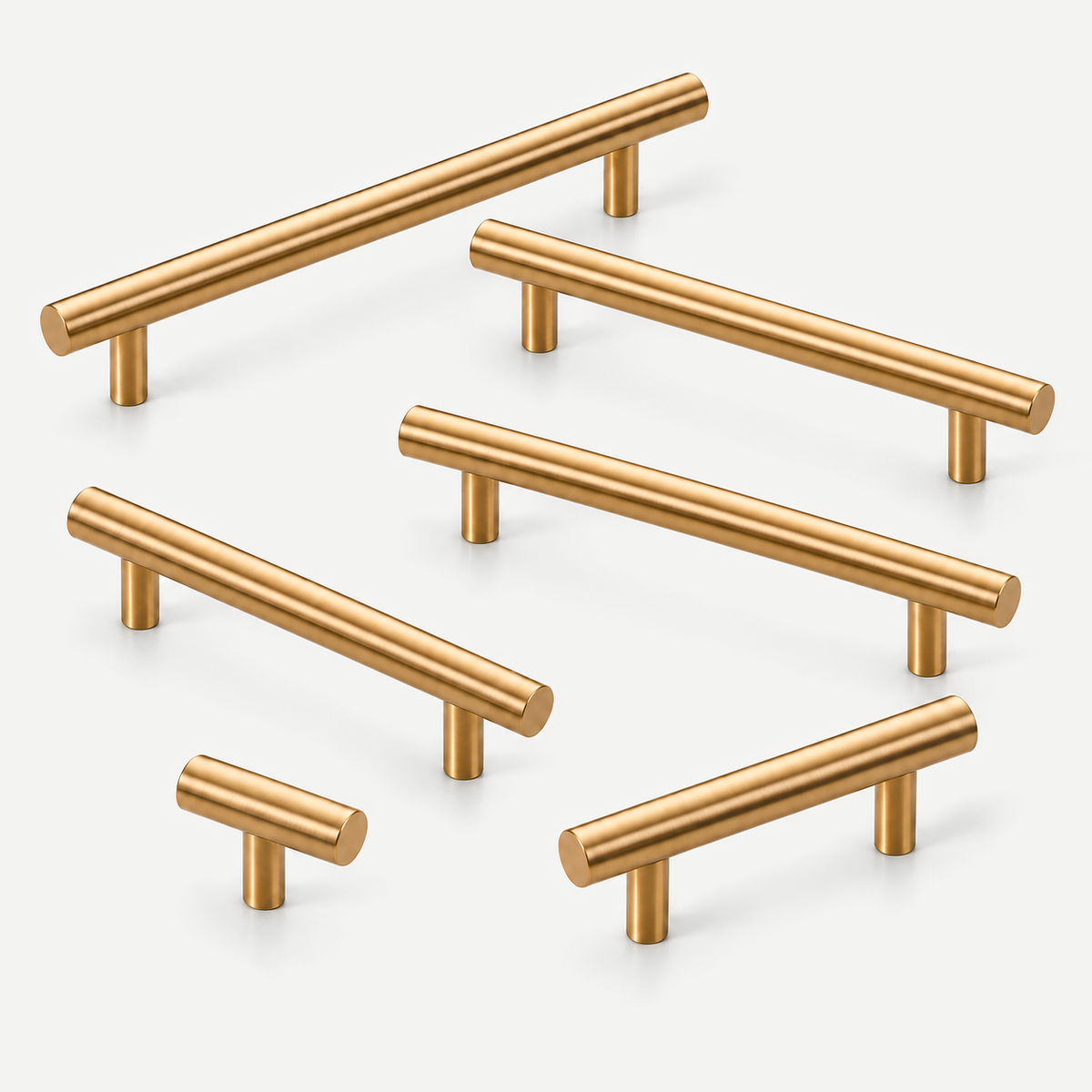 Copper complete family - five pulls and T knob, loose studio arrangement