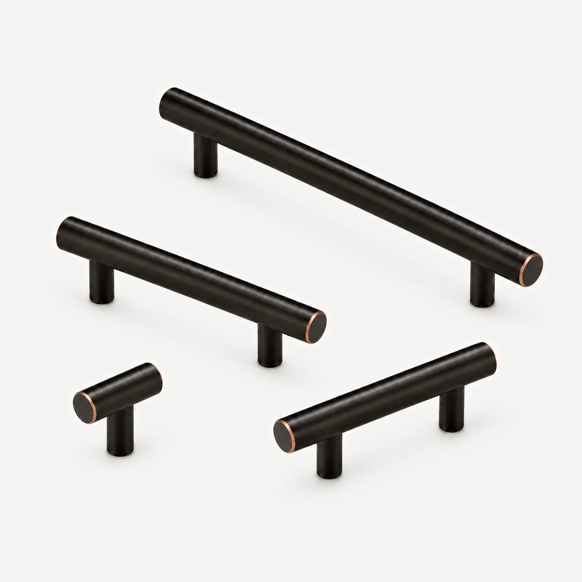 Dark copper complete family - three pulls and T knob, loose studio arrangement
