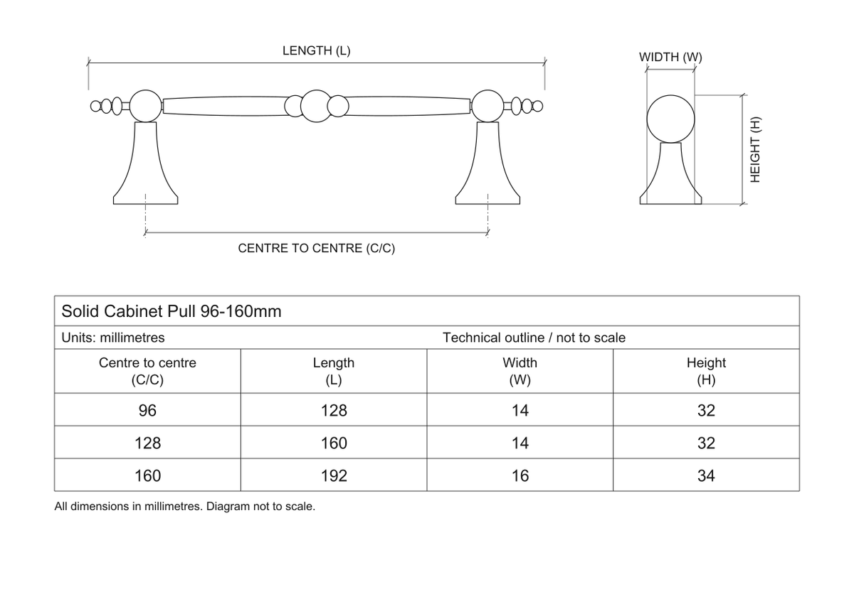 Technical dimensions in millimetres - Brass Cabinet Door Pull Handle 96-160mm