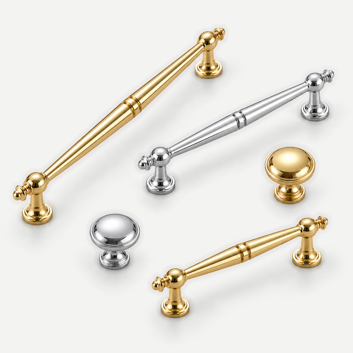 Gold and silver spindle pulls and round knobs - editorial colour and size overview