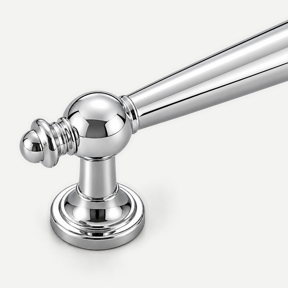 Silver spindle pull - ball finial, post and stepped rosette detail