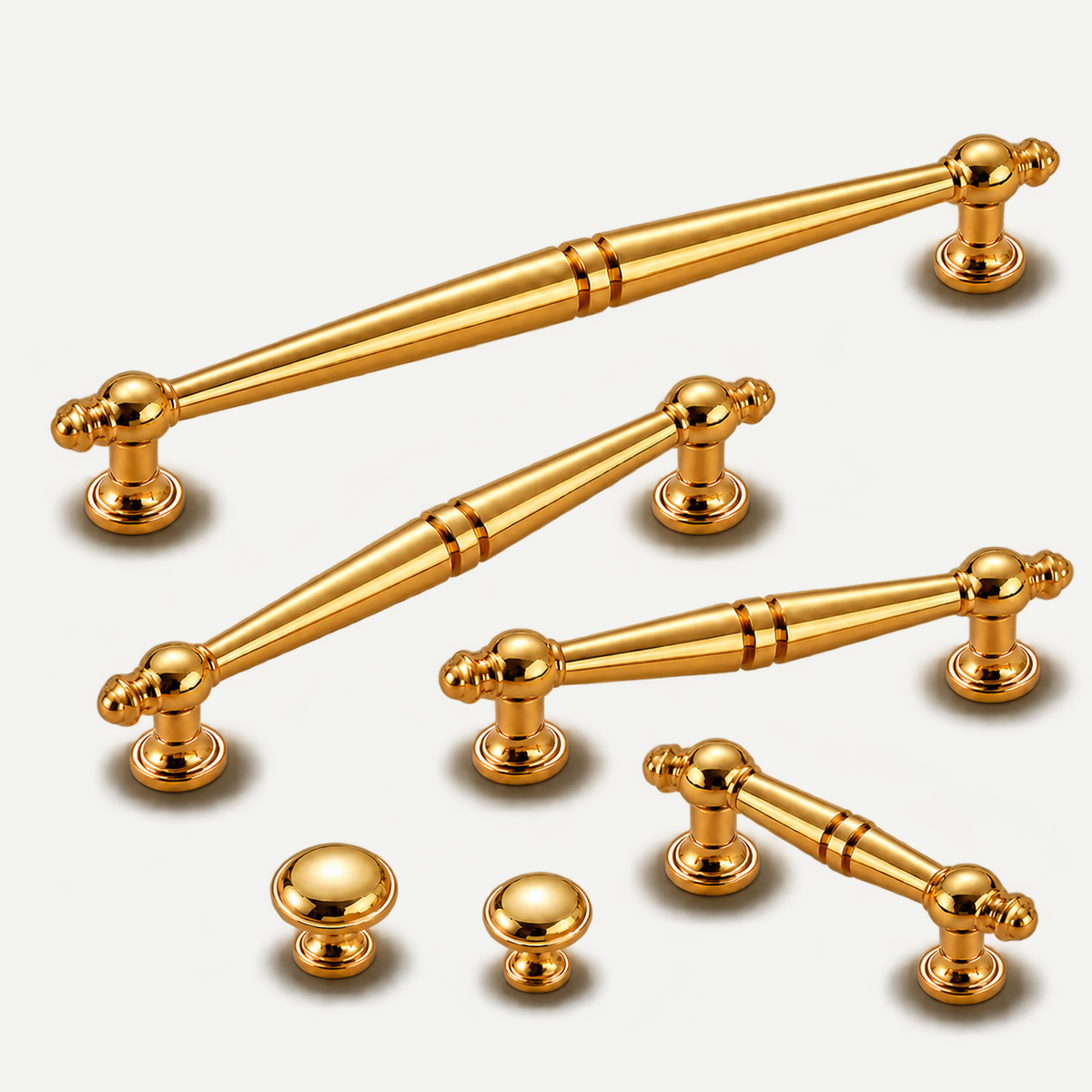 Ellery gold all six actual sizes - four pulls and two knobs, natural open arrangement