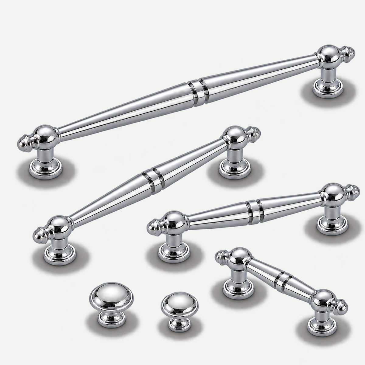 Ellery silver all six actual sizes - four pulls and two knobs, natural open arrangement