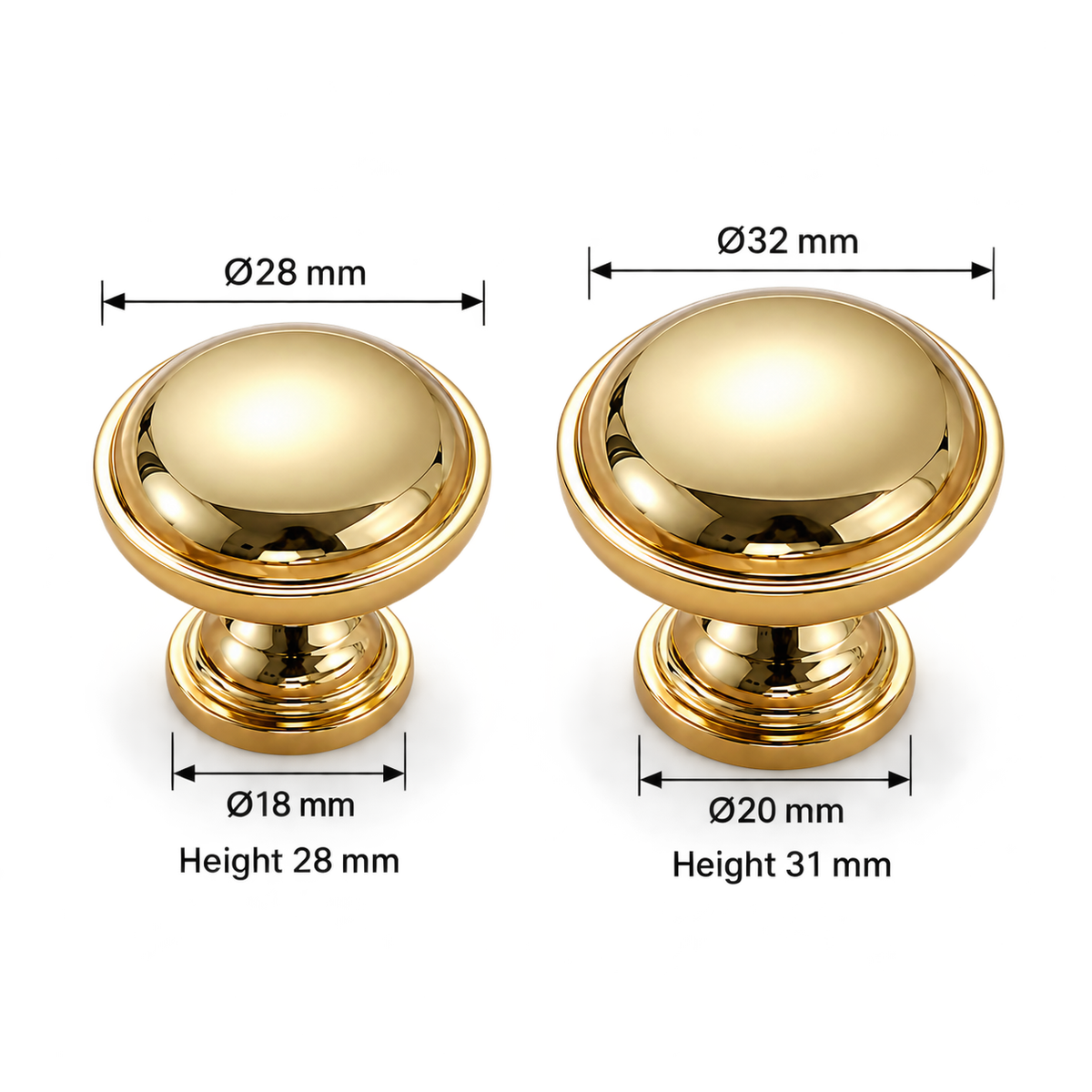 Ellery small and large knob measurements on white - 28mm and 32mm heads with height and base dimensions