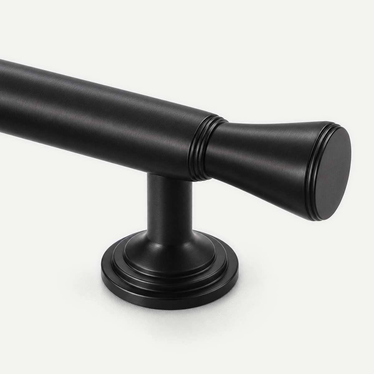 Black cabinet handle - end tip and stepped mounting base detail