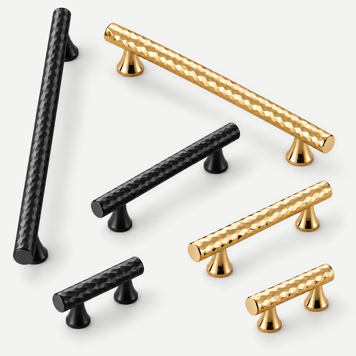 Black and gold cabinet handles in multiple sizes