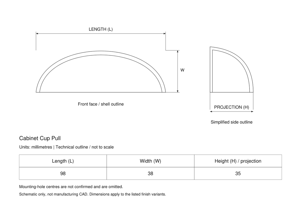 Technical dimensions in millimetres - Cabinet Cup Pull98x38x35mm
