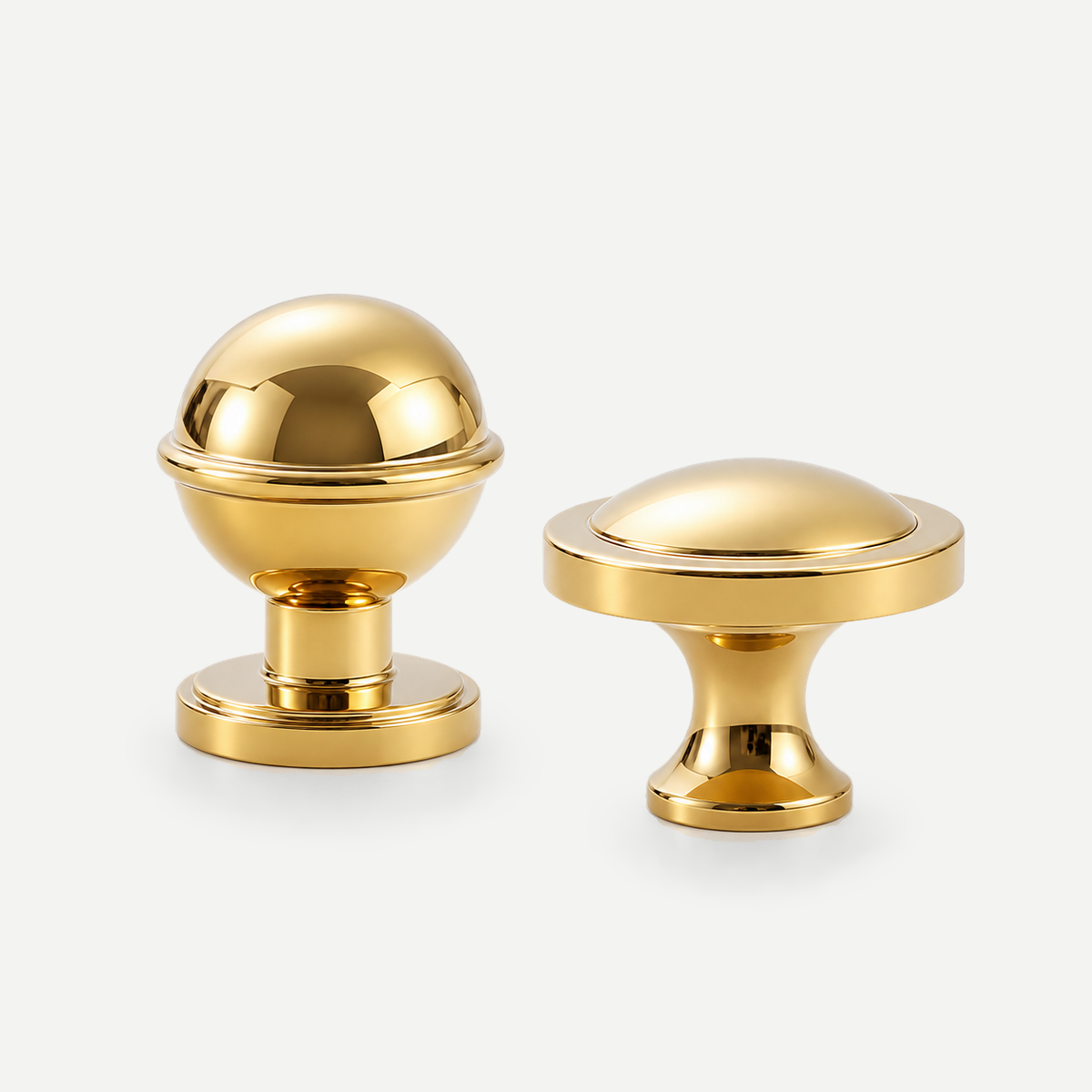 Gold cabinet knob options: 26mm ball and 32mm shallow dome