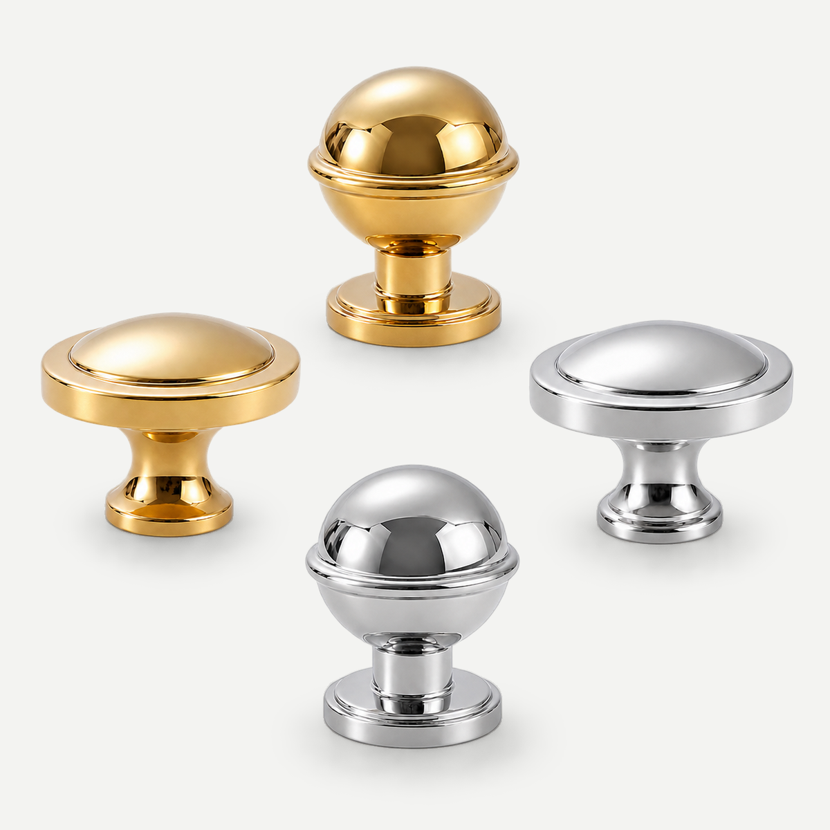 Gold and silver brass cabinet knobs, 26mm ball and 32mm shallow dome options