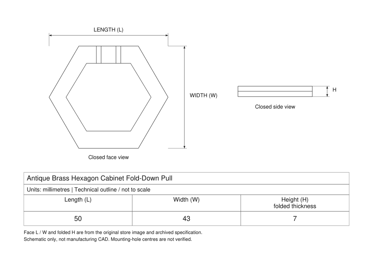 Technical dimensions in millimetres - Antique Brass Hexagon Fold-Down Pull