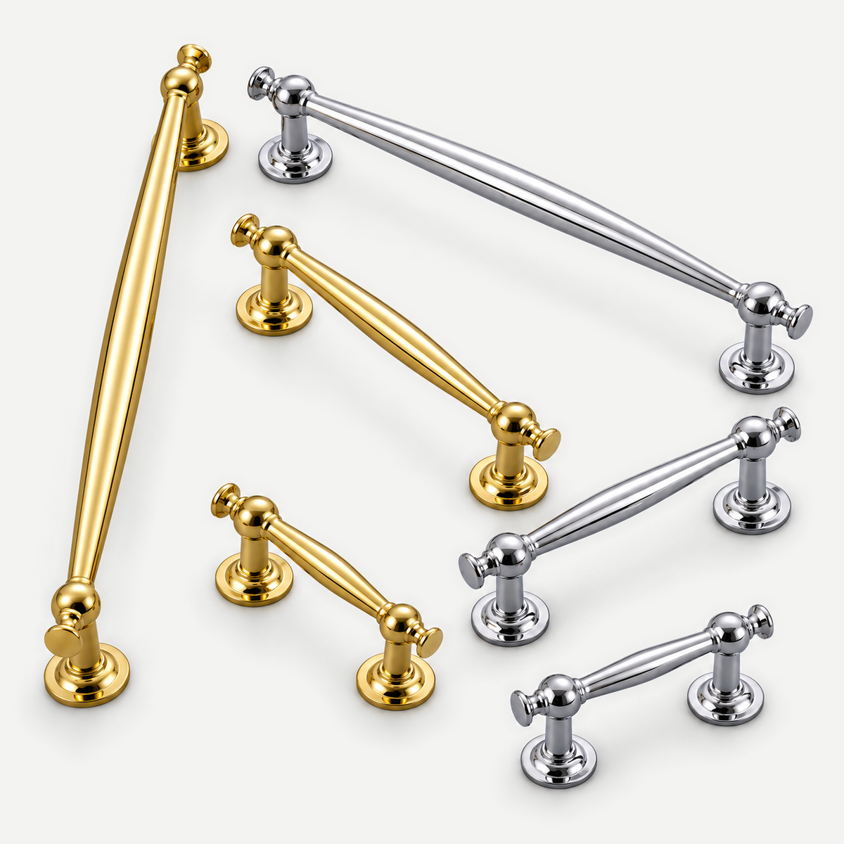 Gold and silver cabinet handles in multiple sizes