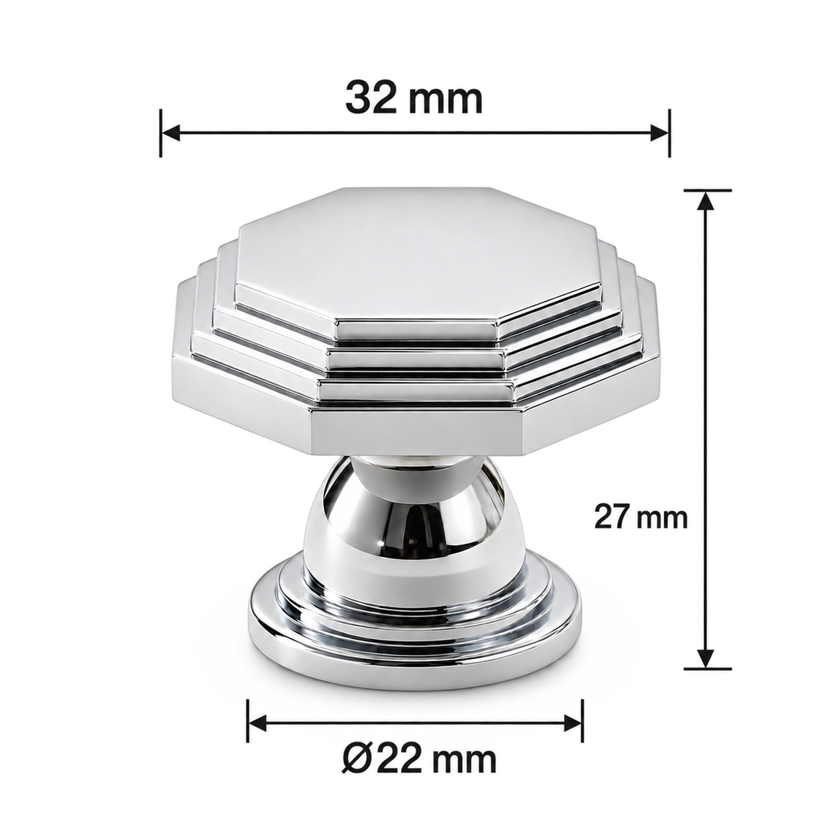 Prism silver octagonal knob dimensions on white - width32mm height27mm base22mm