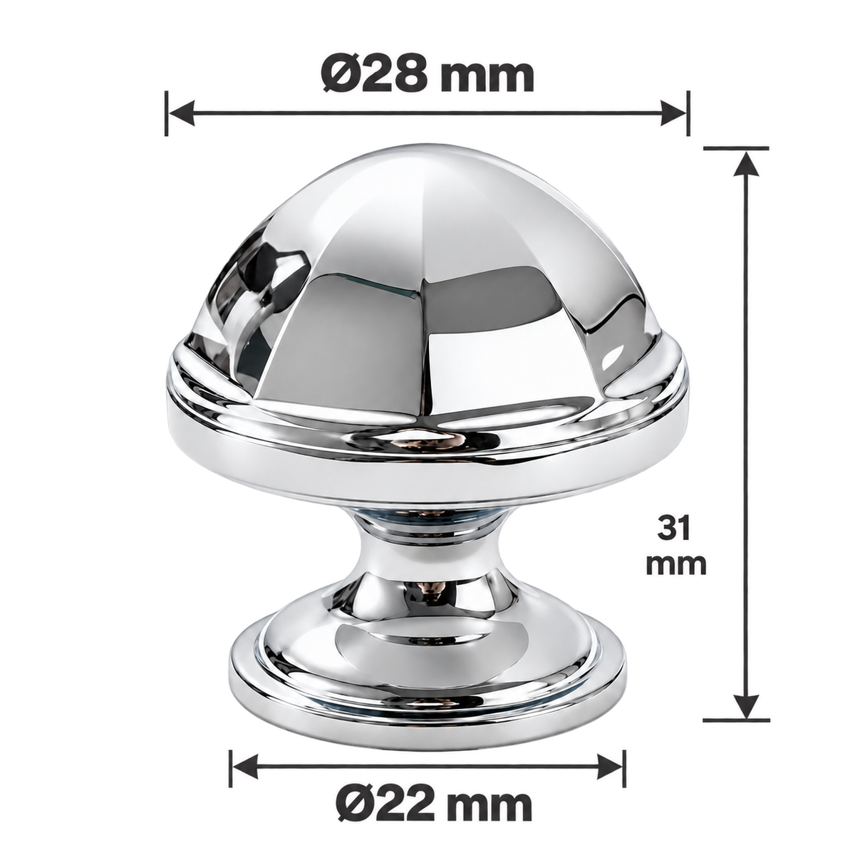 Dome silver cabinet knob dimensions on white - head28mm height31mm base22mm