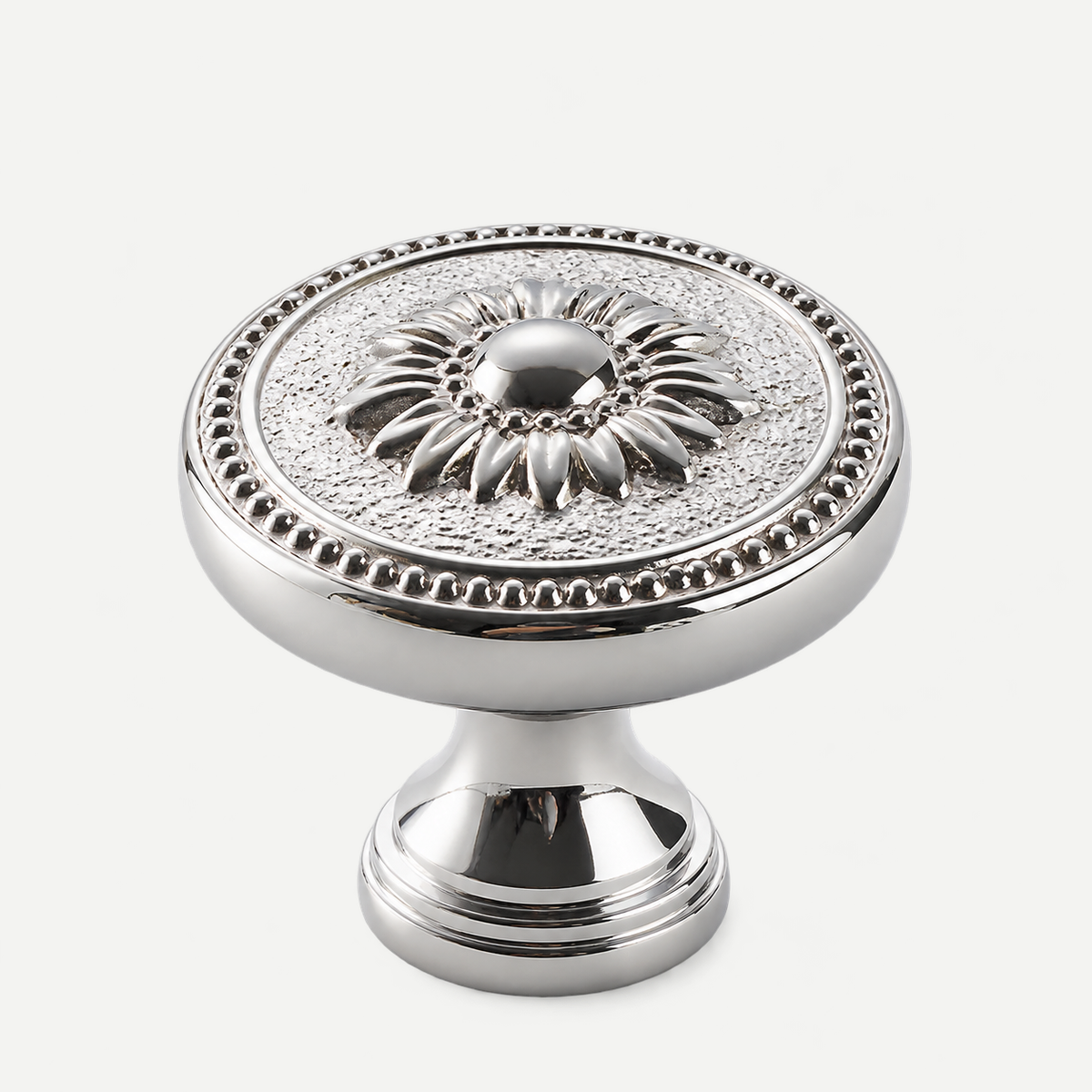 Leto chrome cabinet knob 32mm - faithful natural product photograph on F3F3F1 grey