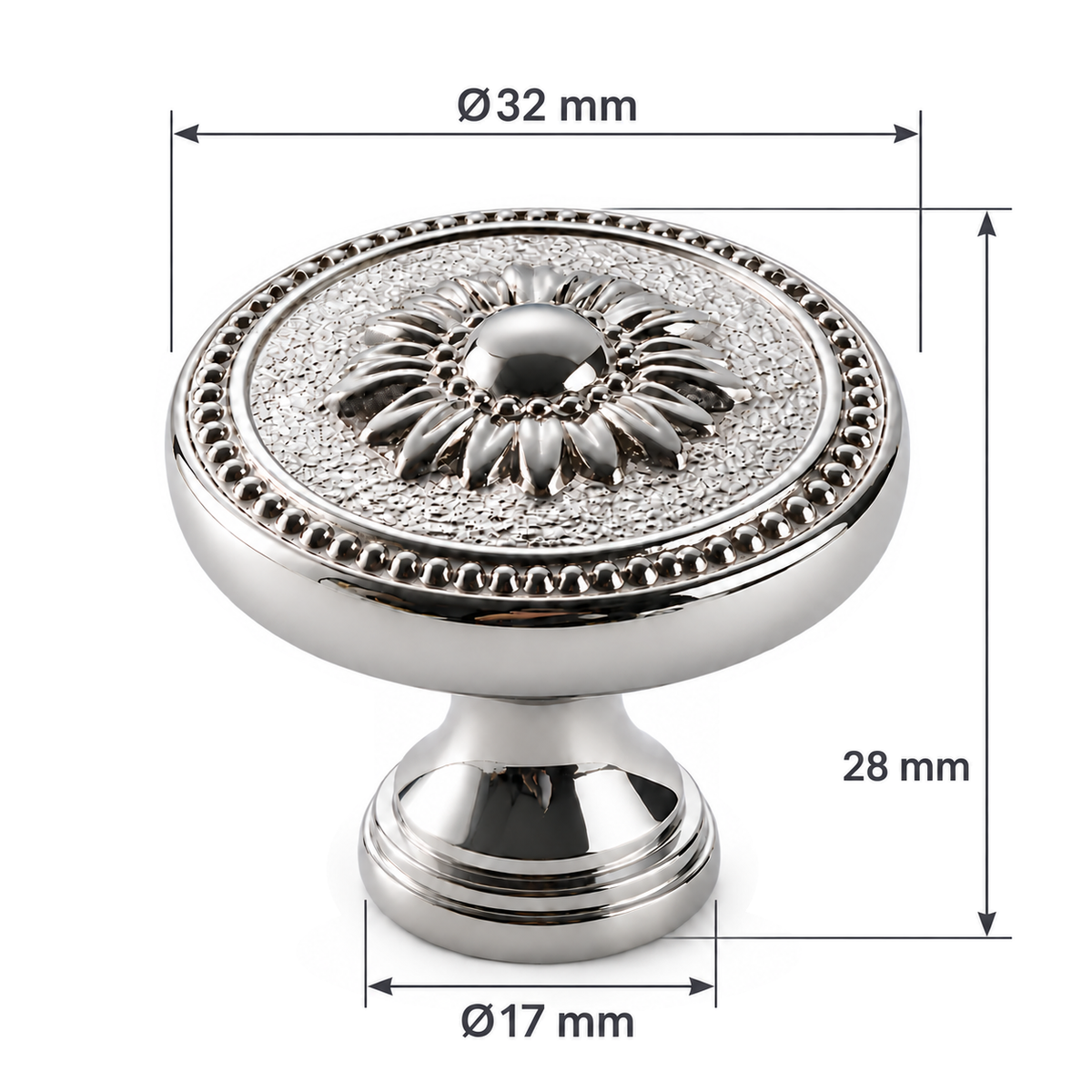 Leto actual knob dimensions on white - head32mm height28mm base17mm - labels clear of gallery navigation