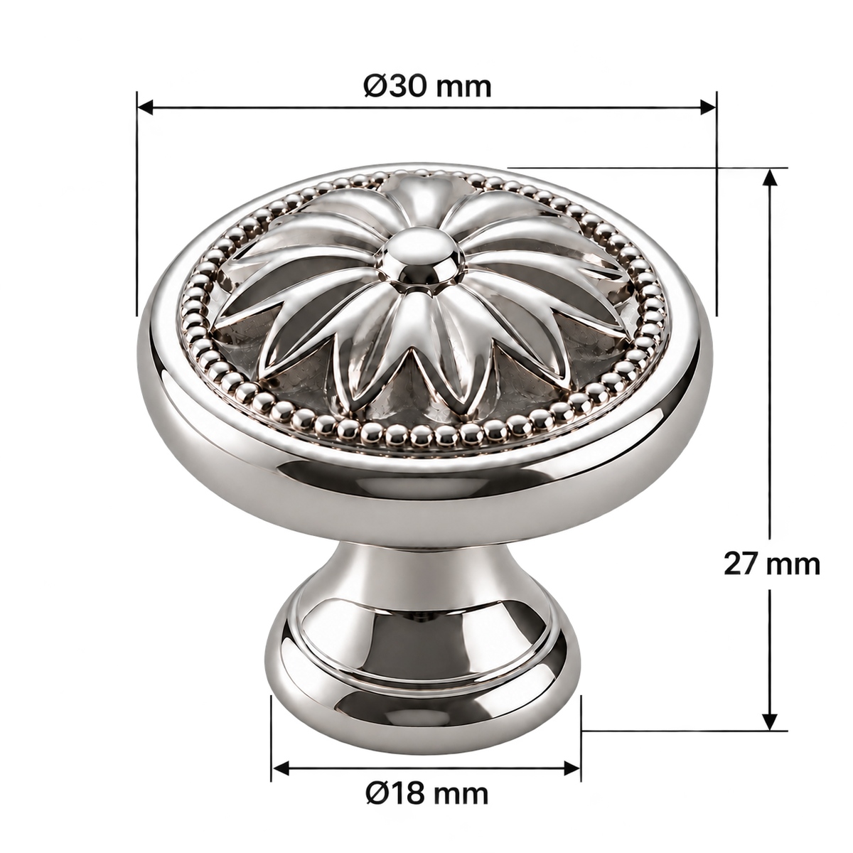 Tova silver floral knob dimensions on white - head30mm height27mm base18mm