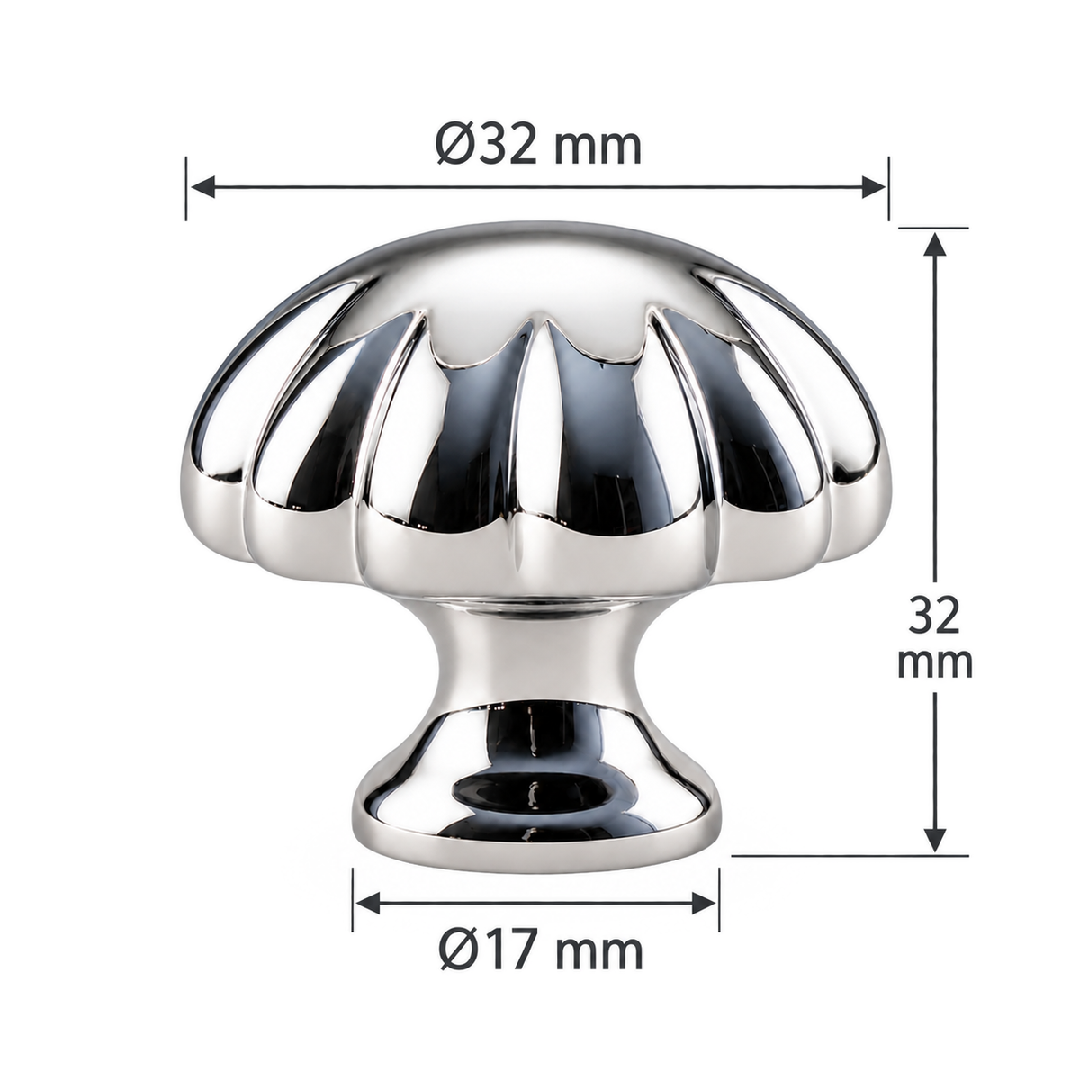Gourd chrome pumpkin cabinet knob dimensions on white - head32mm height32mm base17mm
