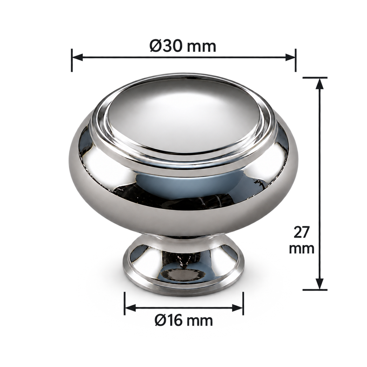 Halo chrome round cabinet knob dimensions on white - head30mm height27mm base16mm