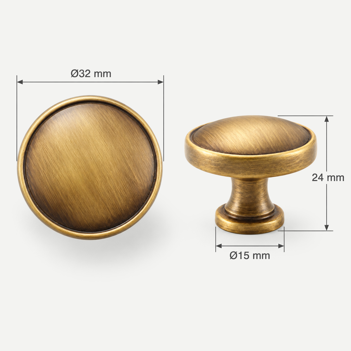 Antique brass plain round knob - head diameter32mm, base diameter15mm, total height24mm
