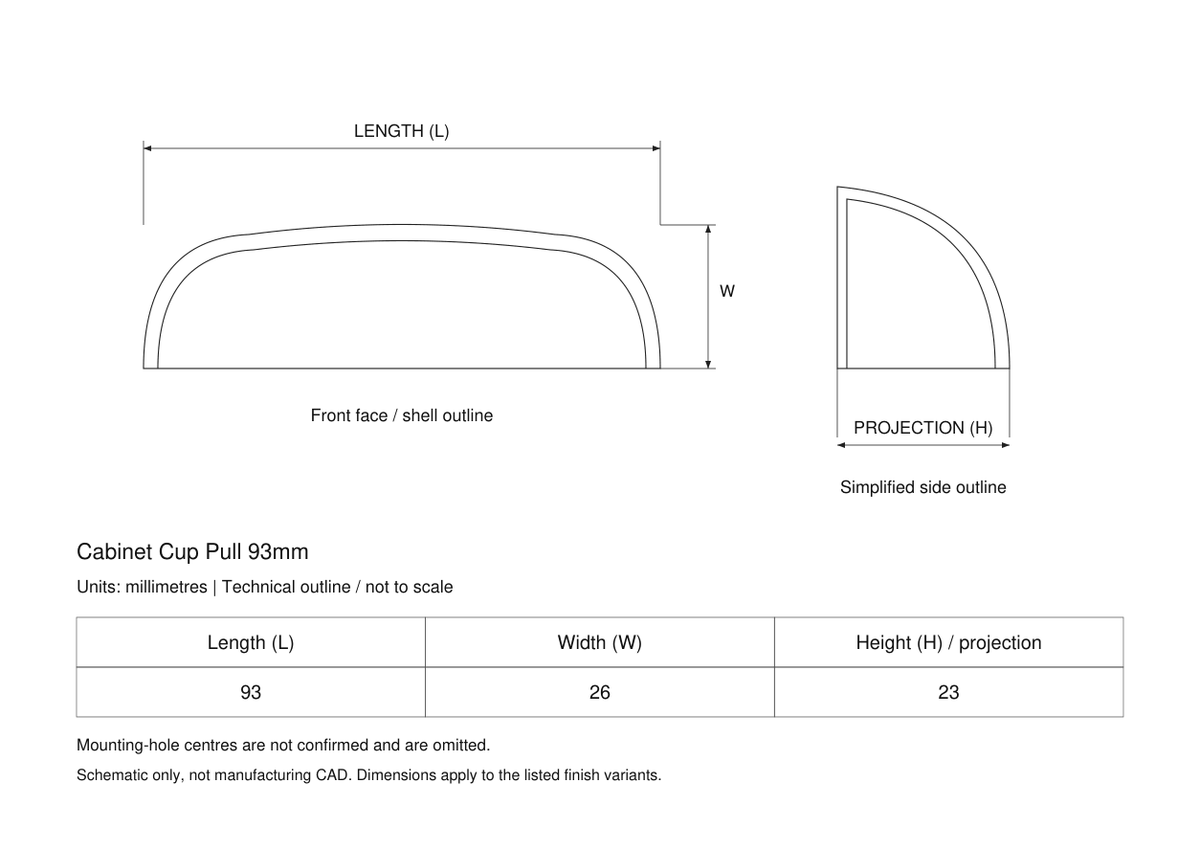 Technical dimensions in millimetres - Cabinet Cup Pull93x26x23mm