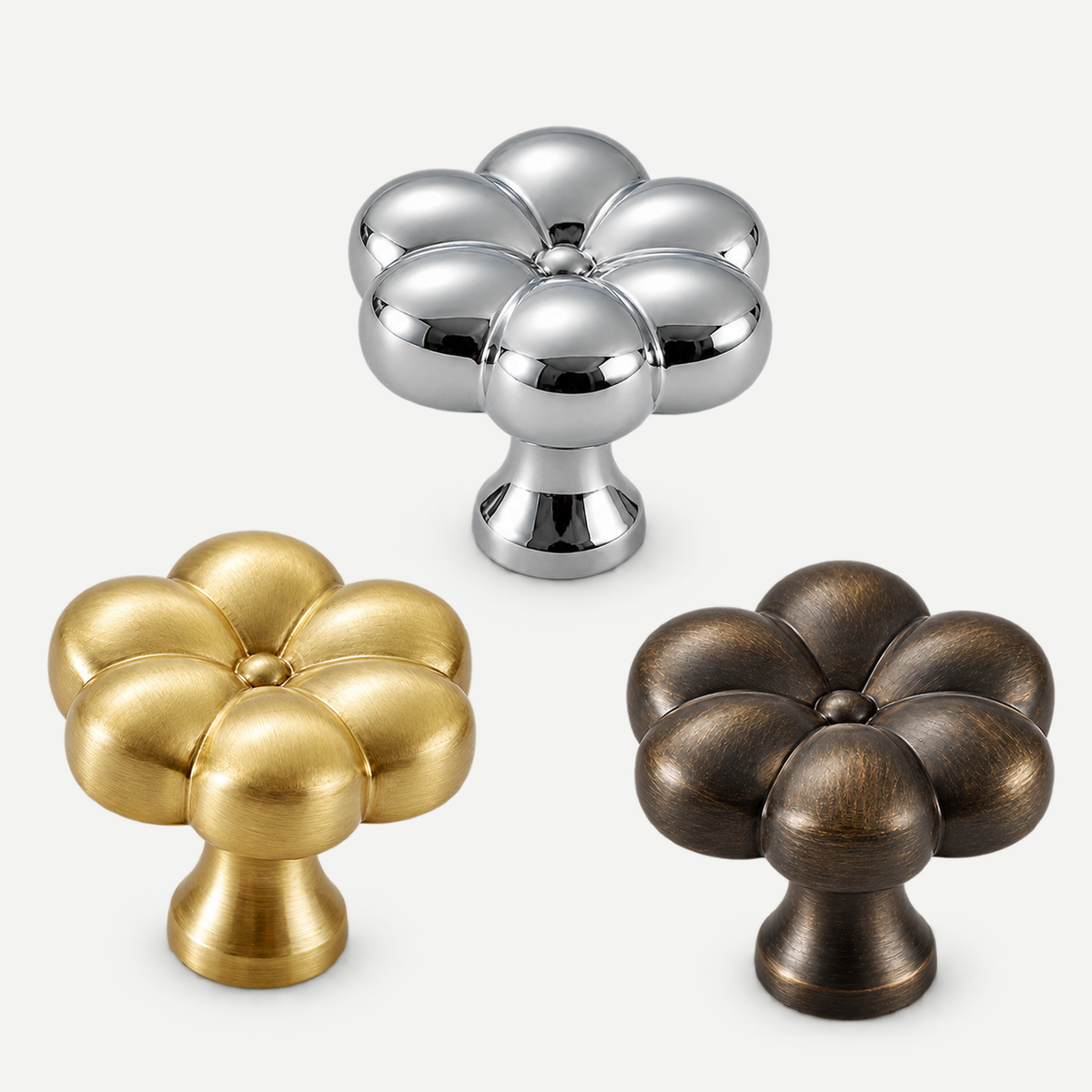 Six-petal cabinet knobs - Brass Silver Brown colour comparison