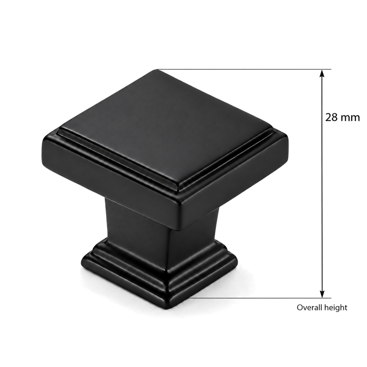 Square flat-top cabinet knob - overall height 28 mm - white product-view dimension lines, label above navigation overlay