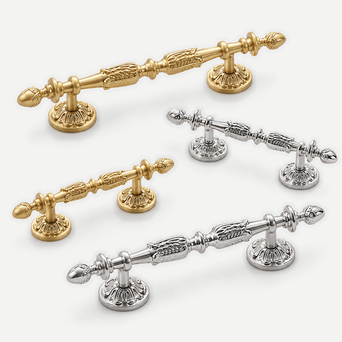 Belle ornate brass cabinet pull — Hero; verified original leaf relief and two mounting feet