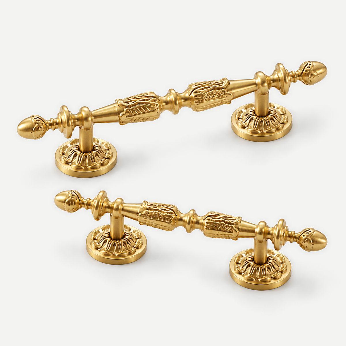 Belle ornate brass cabinet pull — GoldGroup; verified original leaf relief and two mounting feet