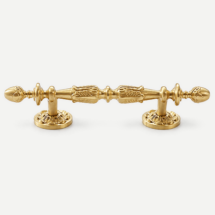 Belle ornate brass cabinet pull — Gold105; verified original leaf relief and two mounting feet