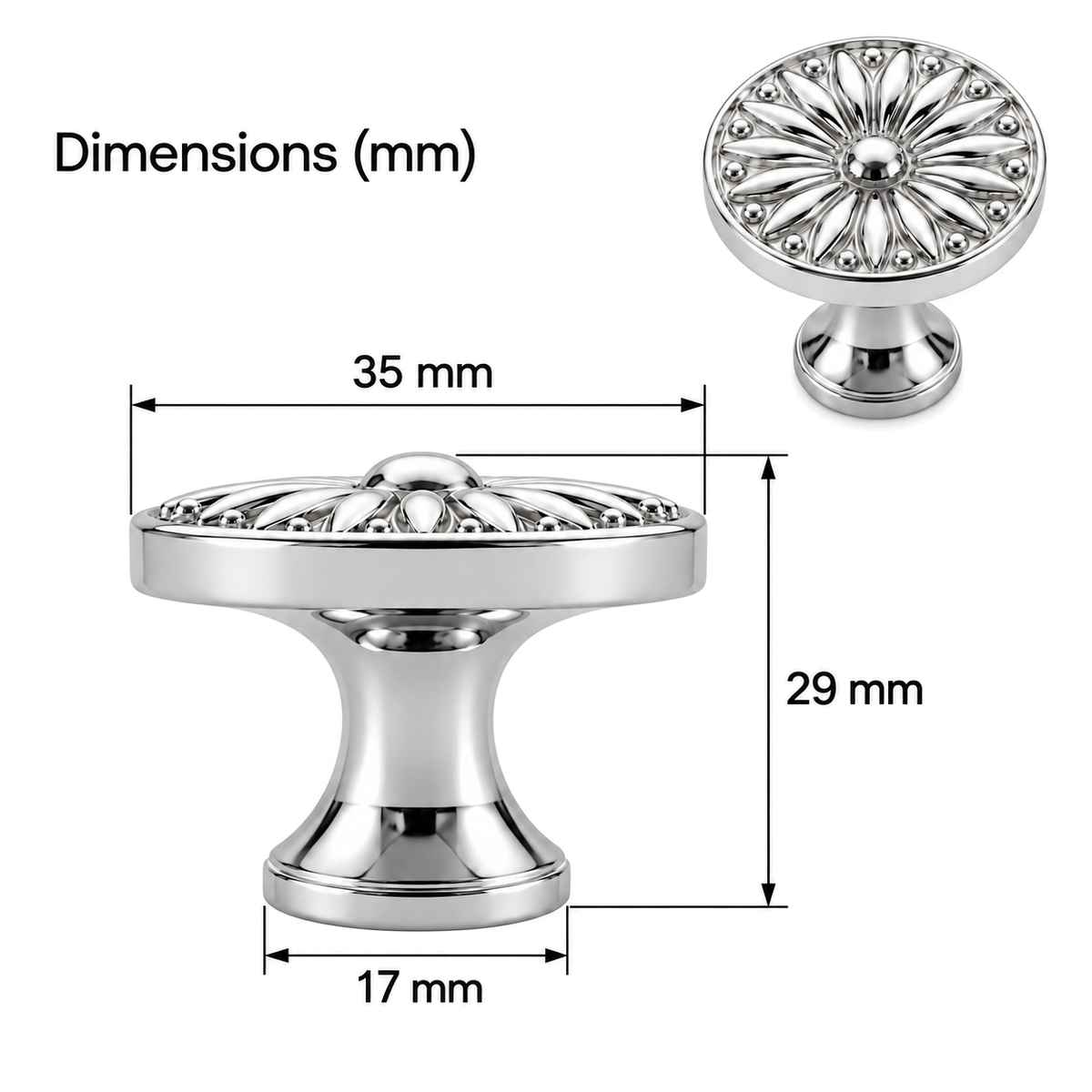 Sunburst cabinet knob dimensions - head diameter 35 mm, overall height 29 mm, base diameter 17 mm - white product-view diagram