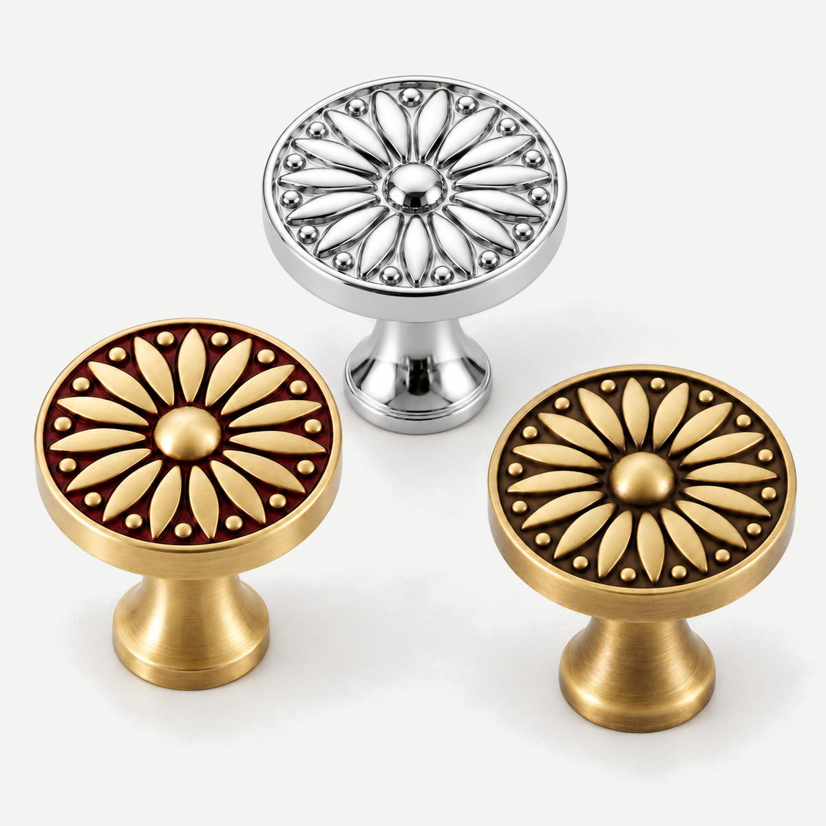 Sunburst cabinet knob - Rose Gold, Mocha Copper and Bright Chrome finish collection