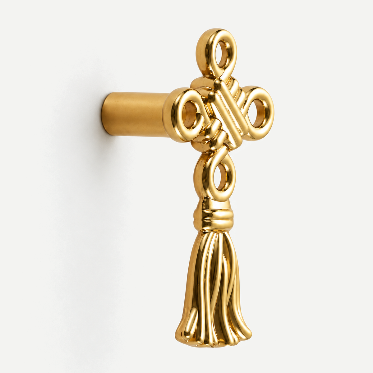 Gold Chinese knot cabinet knob - actual side view and central rear mounting post
