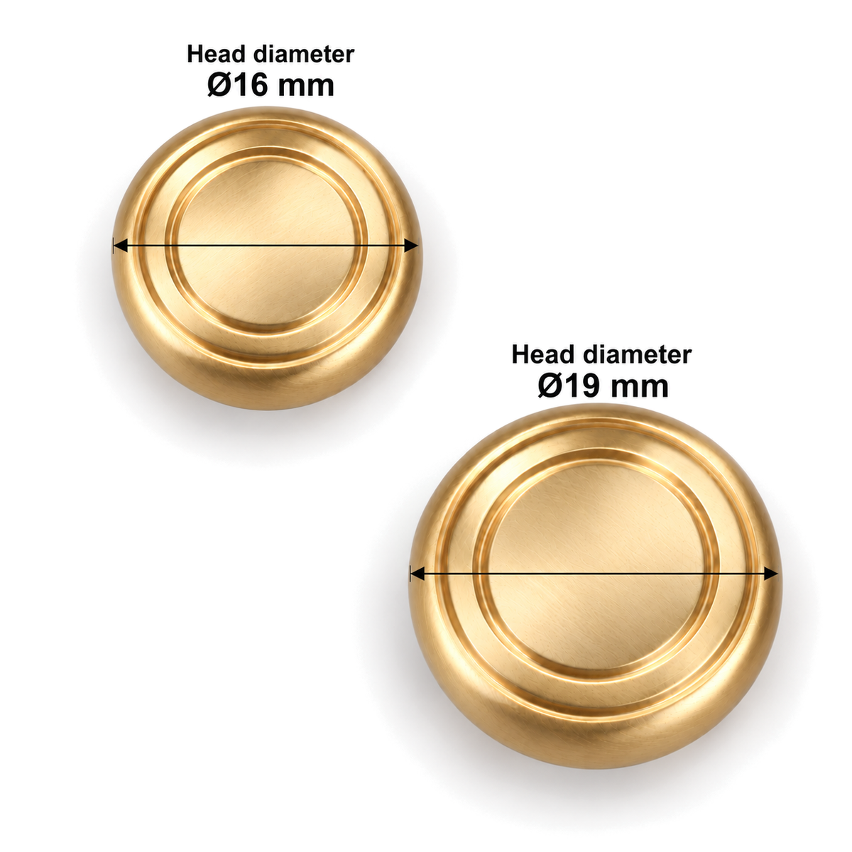 Brass cabinet knob actual head views with diameter lines - 16mm and 19mm head diameters only