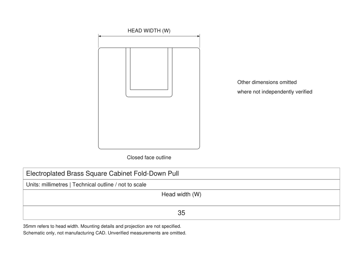 Technical dimensions in millimetres - Electroplated Brass Square Cabinet Fold-Down Pull 35mm