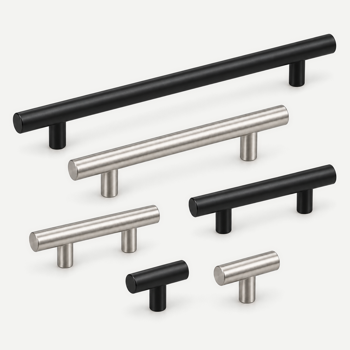 Matt black and satin nickel stainless steel T-bar handles - editorial finish overview