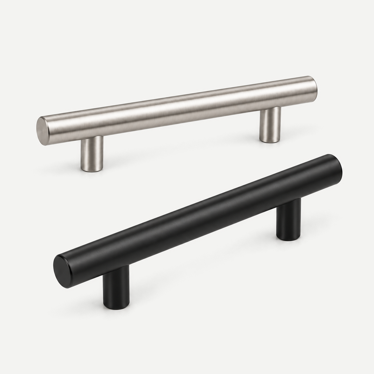 Matt black and satin nickel stainless steel cabinet handles, 200mm representative pair on pale grey
