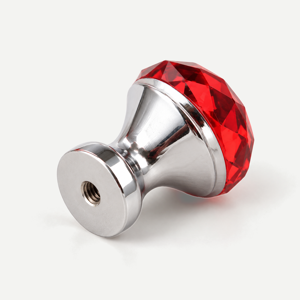 Red crystal cabinet knob rear mounting detail - actual single female screw hole and polished chrome foot