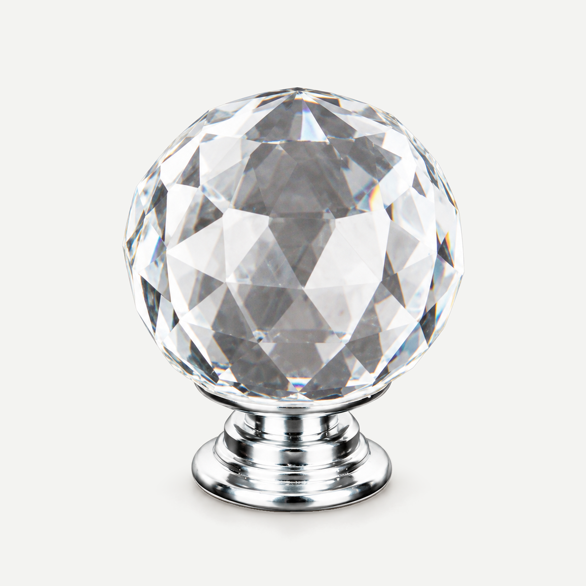Clear faceted crystal cabinet knob with polished chrome neck and flared foot - representative product view