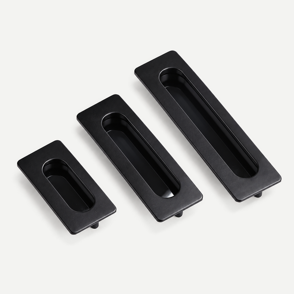 Matte Black Zinc Alloy Recessed Pull - all three actual sizes