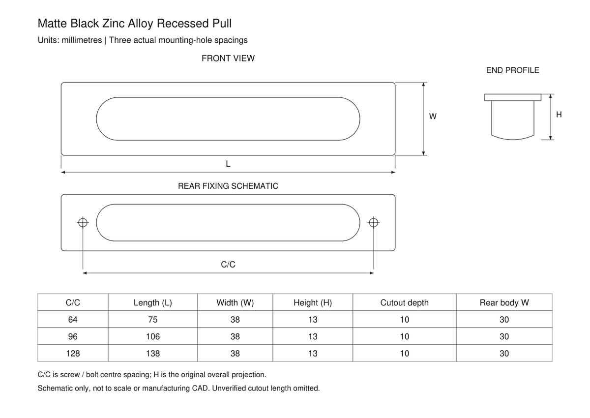 Matte Black Zinc Alloy Recessed Pull - verified64/96/128mm mounting centres engineering dimensions