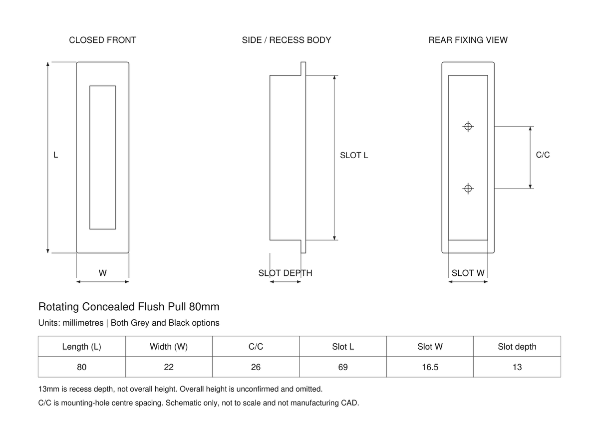 Rotating concealed flush pull80mm - technical dimensions