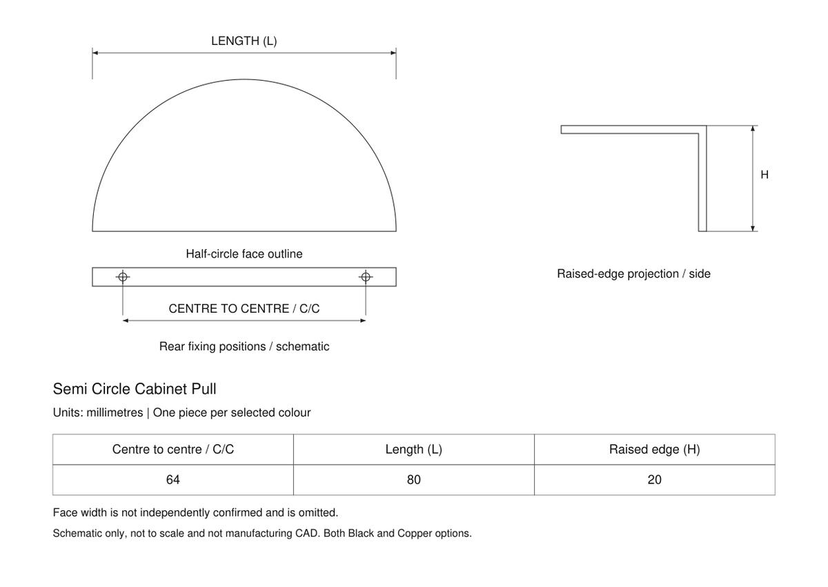 Semi circle cabinet pull - technical dimensions
