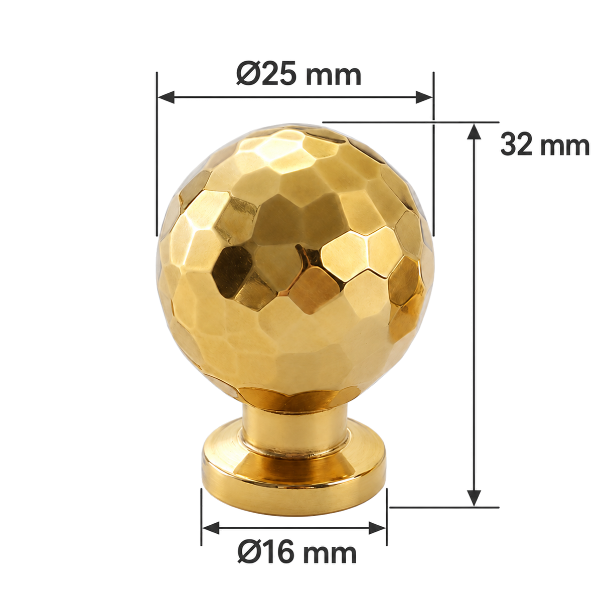 Ripple round knob on white with dimension lines - diameter25mm height32mm base16mm, upper height label
