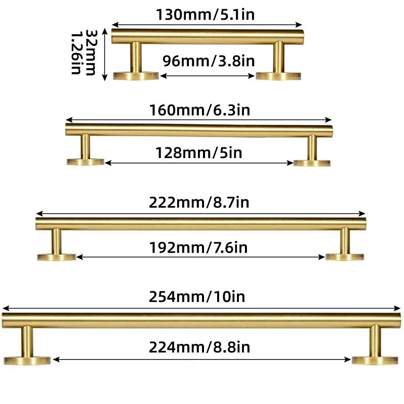 Brushed Brass Solid Brass Cupboard & Cabinet Door Pull Handle 96–224mm