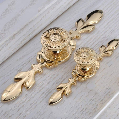 Gold Finish Copper Cabinet Handle with Carved Design