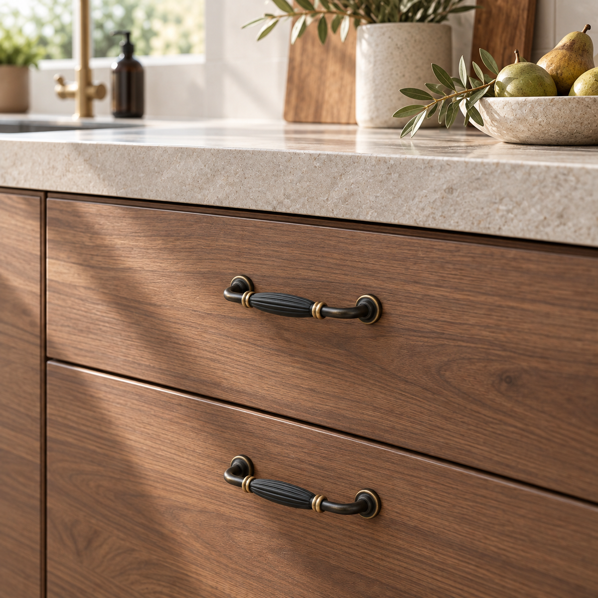 Antique Brown Ribbed Cabinet Handles Installed on Walnut Drawers