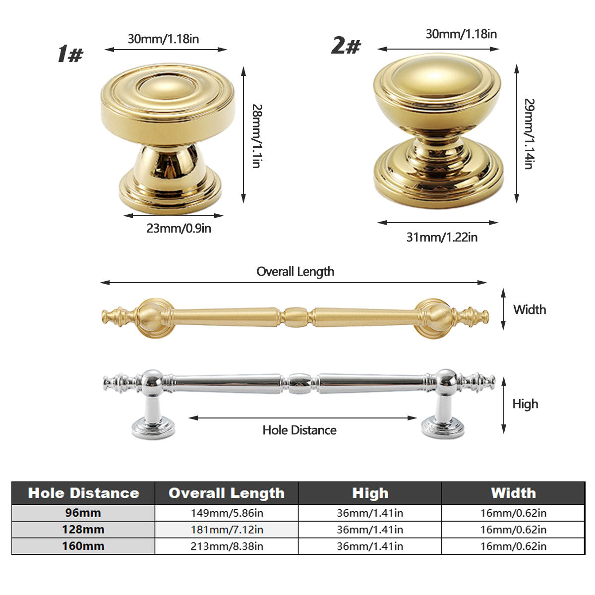 Silver & Gold Brass Cupboard & Cabinet Door Pull & Knob Handle 96-128mm