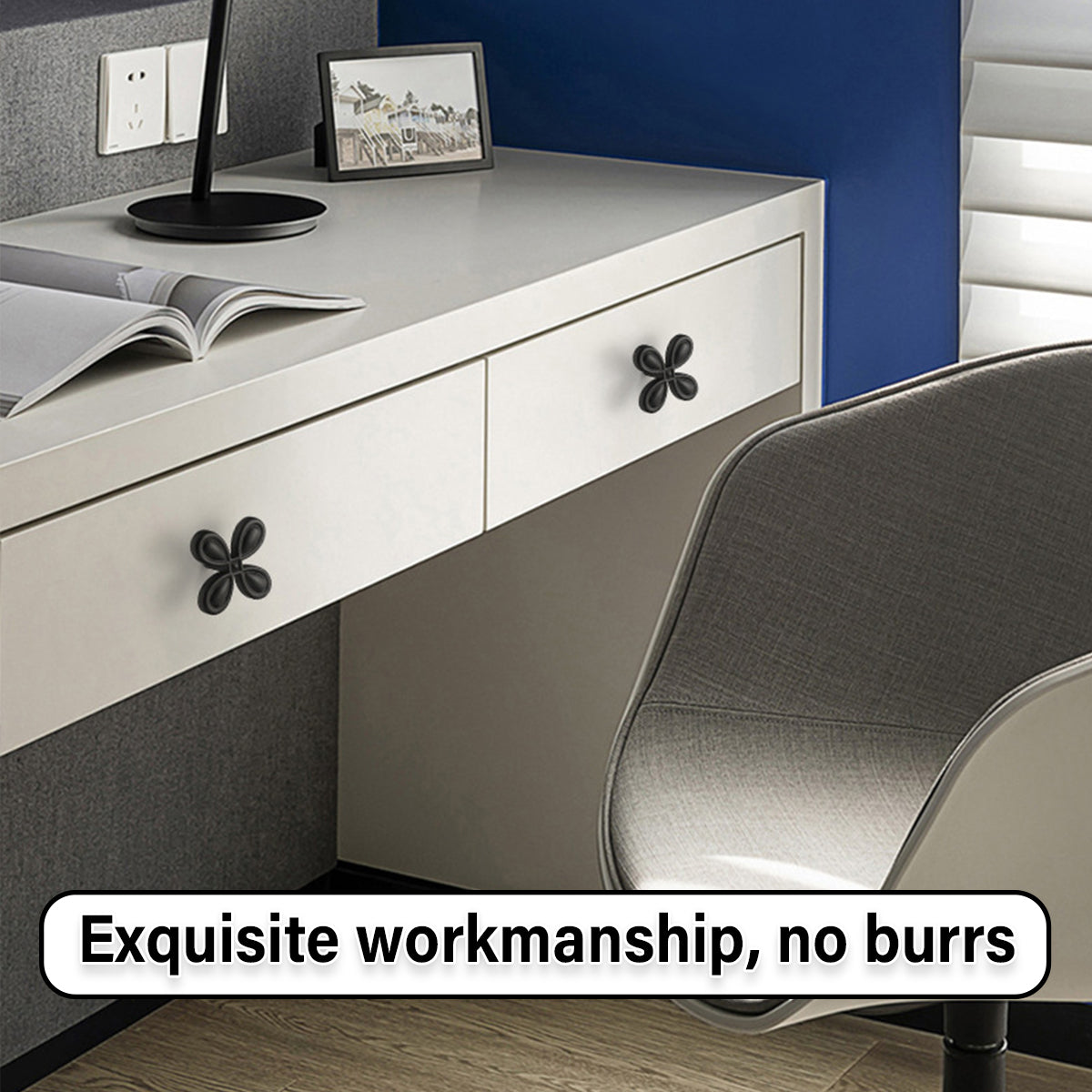 Black Brass Cupboard & Cabinet  Four-Petal Design Knob 40x22x9mm