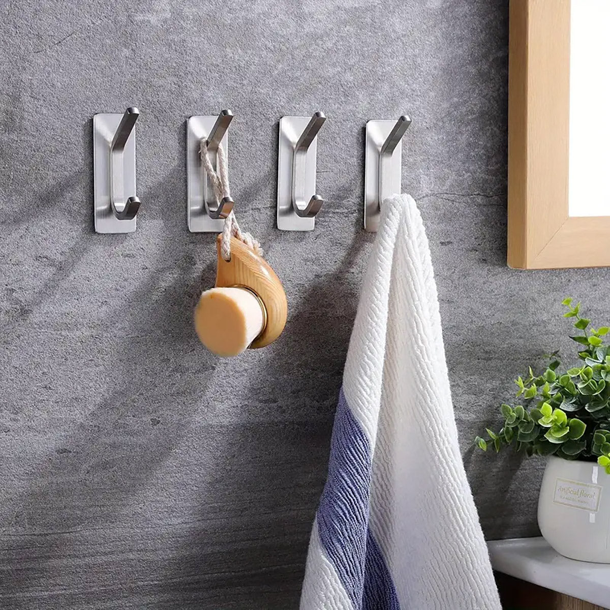 Silver Stainless Steel Adhesive Hooks for Bathroom and Kitchen