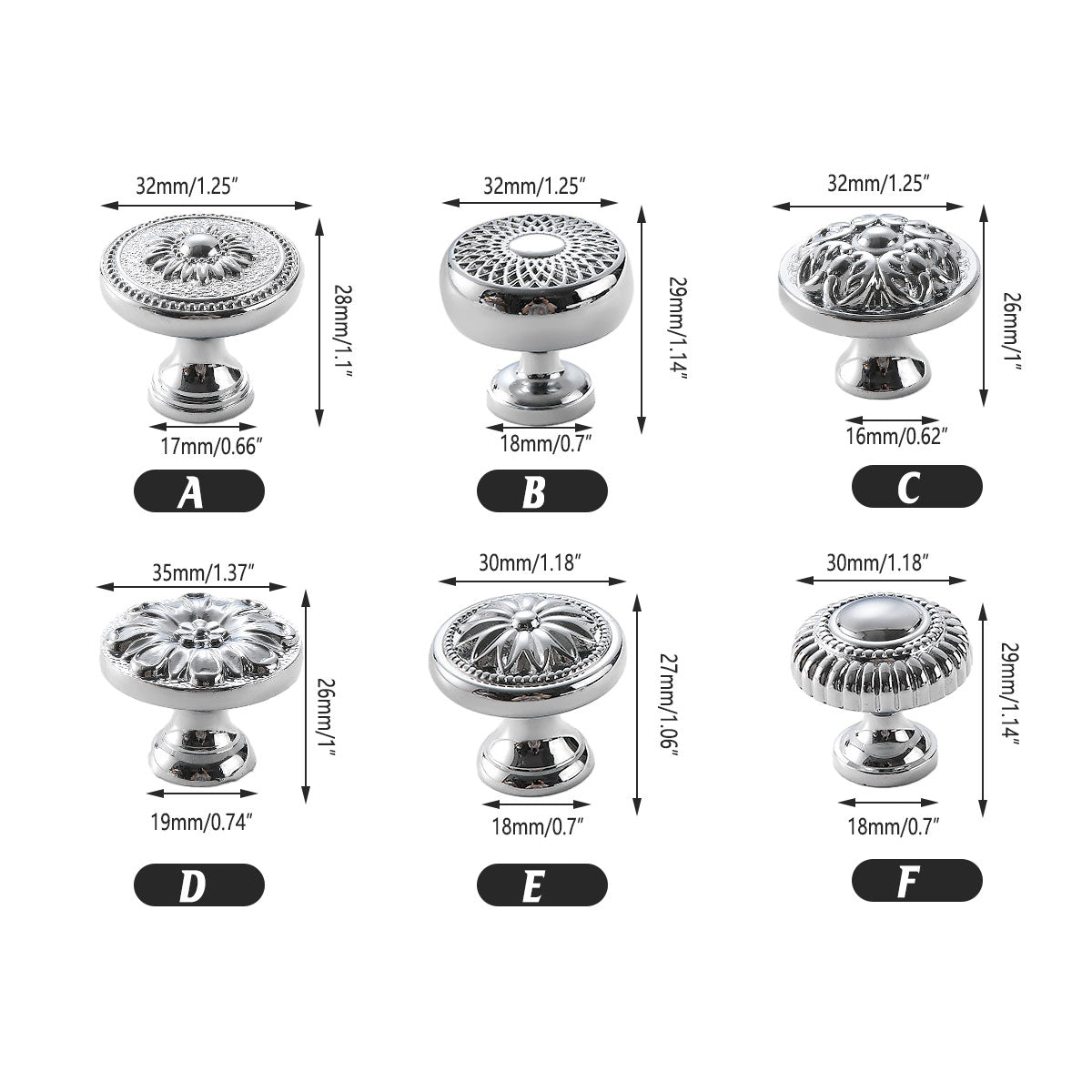 6 Styles Silver Solid Brass Cabinet Handle Single-Hole Mount